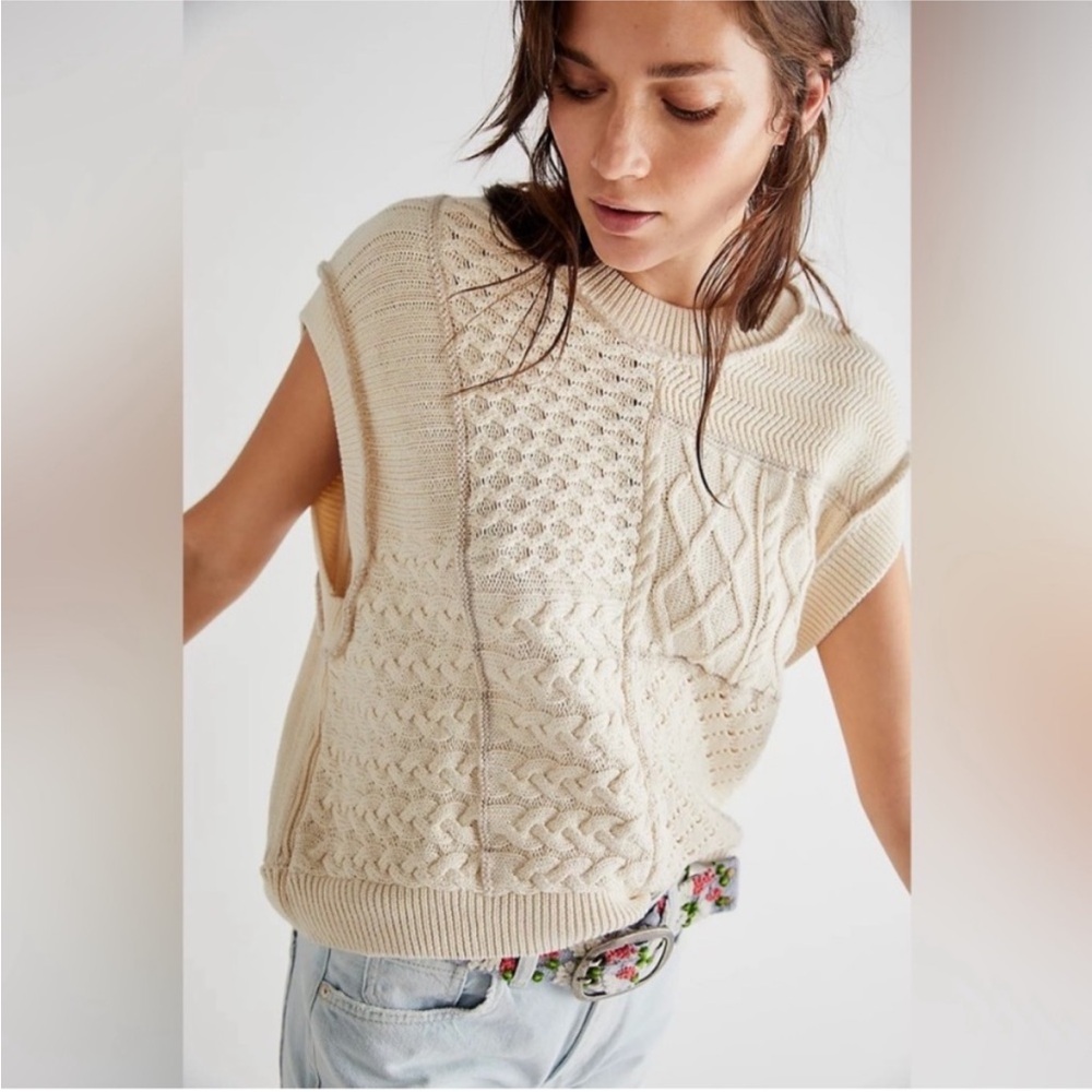 Free People Ivory Patchwork Knit Sweater